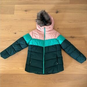 Columbia Pink and Green Puffer Snow Jacket with Faux Fur Hood